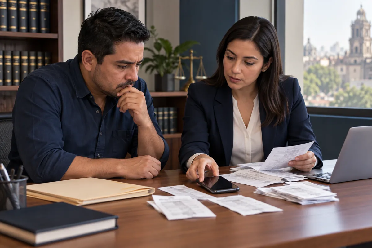 Abogada y cliente organizando documentos y evidencia digital