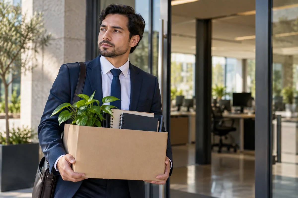 Trabajador con una caja de pertenencias al salir de una oficina