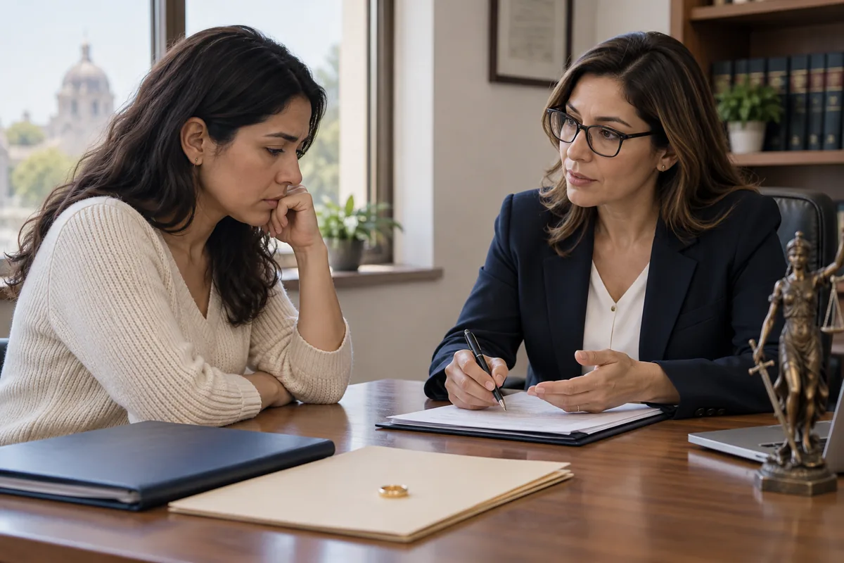 Mujer revisando documentos de divorcio con una abogada familiar