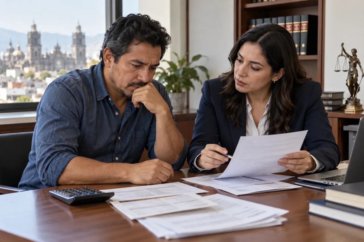 Trabajador revisando recibos y un cálculo de liquidación con un abogado